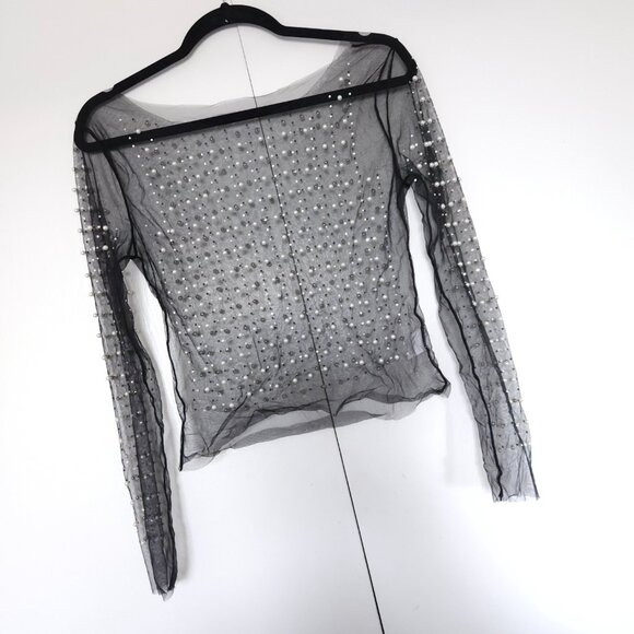 Women's Pearl Rhinestone See Through Long Sleeve Mesh Blouse Black - Picture 5 of 8